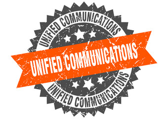 unified communications stamp. grunge round sign with ribbon