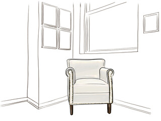 Mock up with blank frames on a wall. Hand drawn illustration. Leather chair against a white wall background.