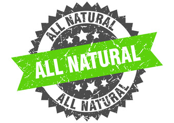 all natural stamp. grunge round sign with ribbon