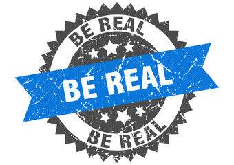 be real stamp. grunge round sign with ribbon