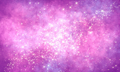 Cosmic deep dark saturated purple shiny background with many stars, sparks, clouds, constellation. Grunge background