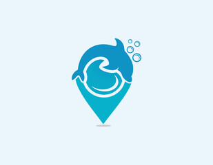 Dolphin and location symbol logo design illustration.