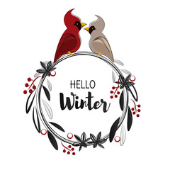 Hello Winter vector.Red cardinal on leaves wreath illustration. Hand drawn style.