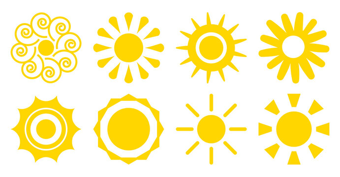 Cartoon sun icons set. Flat abstract different shape summer symbol. Simple banner template decorative element for logo. Sign happy morning, weather, spring season Isolated on white vector illustration
