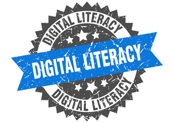 digital literacy stamp. grunge round sign with ribbon