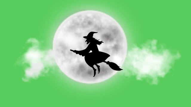 Animation Black shadow of the Witch with moon on green back ground.