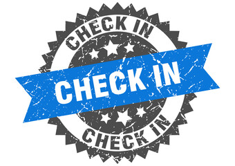 check in stamp. grunge round sign with ribbon