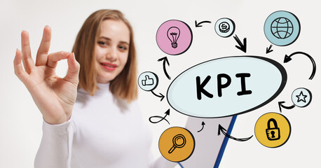 Business, technology, internet and network concept. Young businessman thinks over the steps for successful growth: KPI