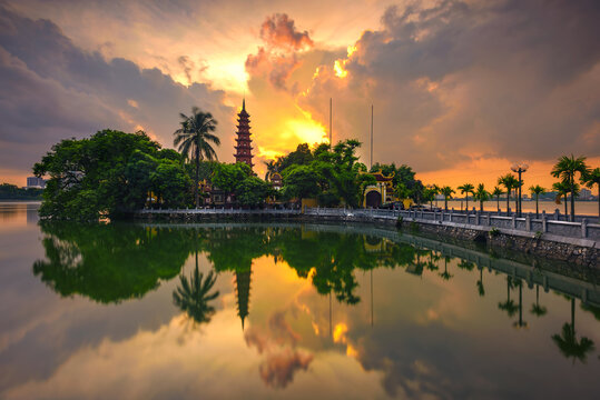 Sunset on Tran Quoc ancient pagoda in Ha Noi city, Vietnam.