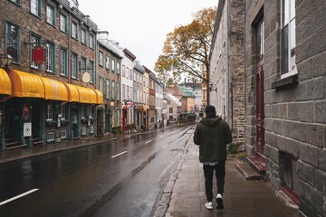 Man walking on Rainy day in Old Quebec City 