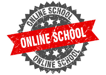 online school stamp. grunge round sign with ribbon