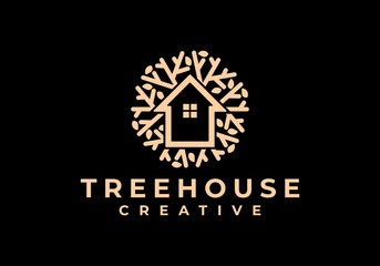 Obraz premium Unique luxury amazing tree house, leaves, branches, creative logo templates