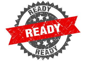 ready stamp. grunge round sign with ribbon