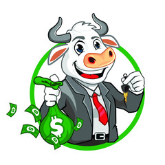 Cow character with dollar money 