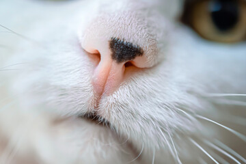 macro photo of a pink nose of a white cat with black spots