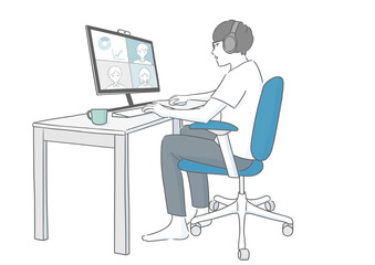 在宅ワーク　オンライン会議に参加する男