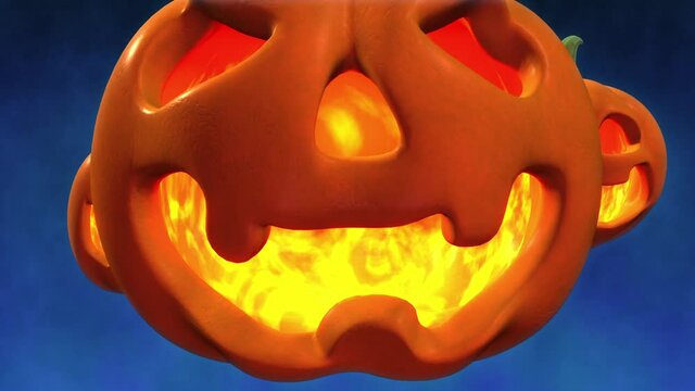 Halloween festive pumpkins fly and burn with fire