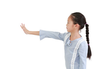 asian little child girl showing five finger stop gesture and looking straight beside isolated on white background. Side view.