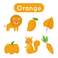 Flash cards with objects in orange color. Educational printable worksheet.