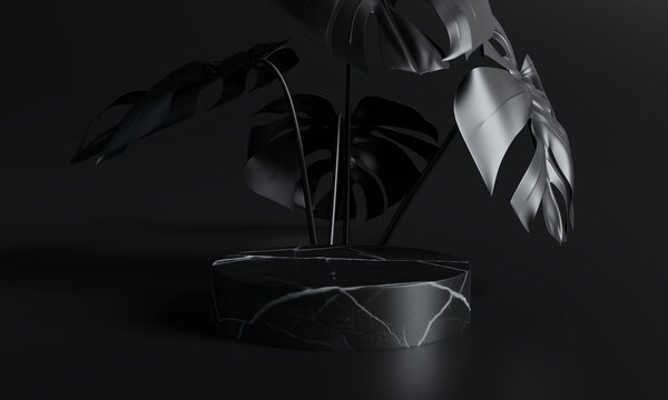 Black marble product display podium with nature leaves. 3D render