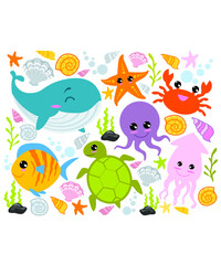 set cartoon fish animal underwater cartoon in vector