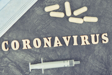 Inscription coronavirus with protective mask, tablets and syringe. Novel Chinese coronavirus. 2019-nCoV