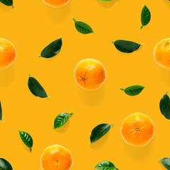 Mandarine seamless pattern, tangerine, clementine isolated on orange background with green leaves. Collection of fine seamless patterns.