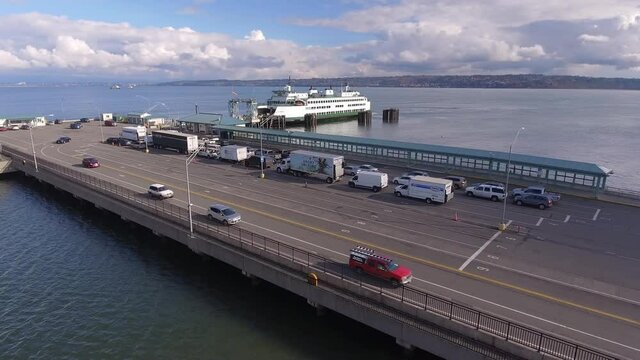 Washington state ferry unloading at Clinton terminal on Whidbey Island, WA, on the Mukilteo - Clinton run