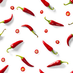 Seamless pattern made of red chili or chilli on white background. Minimal food pattern. Red hot chilli seamless peppers pattern. Food background.
