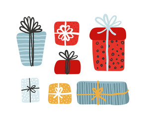 Gift boxes set, presents isolated on white background. Sale, holiday, shopping concept. Collection for Birthday, Christmas. Stock Vector Cartoon flat design