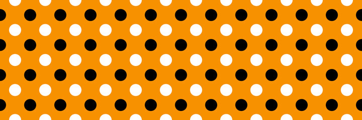 black and white polka dots on orange background, halloween wide seamless pattern
