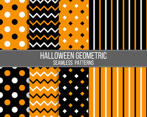 black and orange halloween geometric seamless patterns set