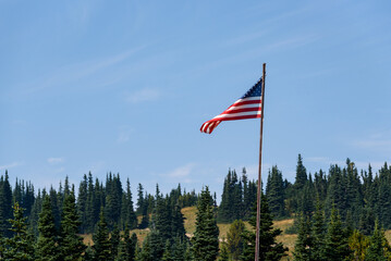 American flag flying in a breeze at sunrise area of Mt. Rainier National park
