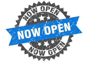 now open stamp. grunge round sign with ribbon