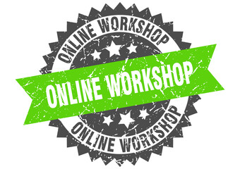 online workshop stamp. grunge round sign with ribbon