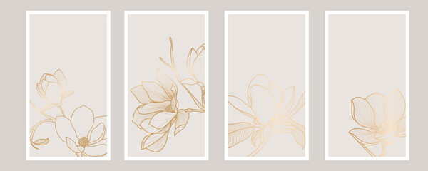 Luxury magnolia background vector with golden metallic decorate wall art - obrazy, fototapety, plakaty