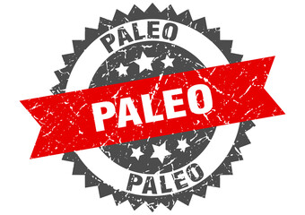 paleo stamp. grunge round sign with ribbon