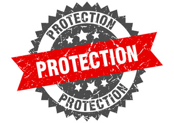protection stamp. grunge round sign with ribbon