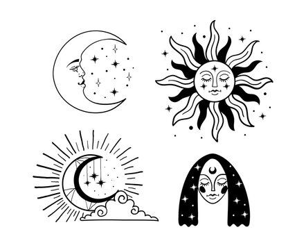 Set of beautiful black mystical elements in boho style, sun and crescent with a face, the moon, a female face with stars. Elements for design, tattoo. Vector illustration isolated on white background.