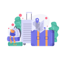 Suitcase, map and backpack. Travel illustration vector for landing page object