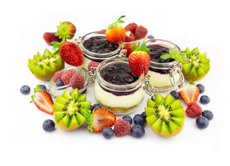 Home made cheese cake with a selection of fruits and blueberry topping