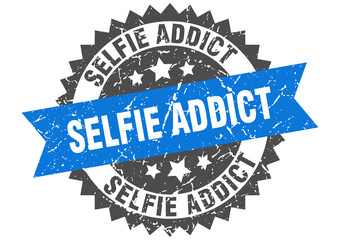 selfie addict stamp. grunge round sign with ribbon