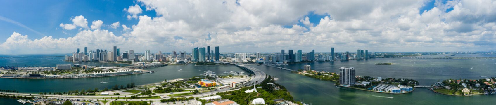 Beautiful aerial wide angle panorama Downtown Miami Biscayne Bay FL