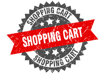 shopping cart stamp. grunge round sign with ribbon