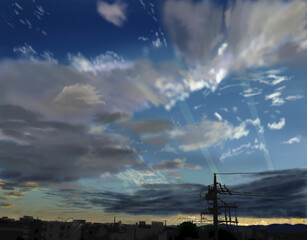 Obraz premium 日本のアニメ背景の夕日 水彩画