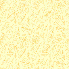 Fototapeta premium Seamless pattern falling leaves. Vector autumn texture isolated, hand drawn in sketch style, orange outline. Concept of forest, leaf fall, nature