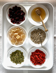 White tray of sample super foods.
