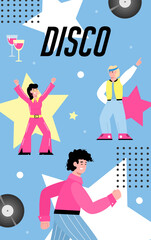 Disco party banner or card layout with bright colorful cartoon disco dancers, flat vector illustration on blue background. Retro music and dance party poster.