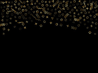 Memphis style geometric confetti vector background of triangle circle square shapes, chevron wavy lines.