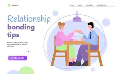 Relationship bonding tips. Young couple together drinking wine in cafe sitting at table and looking at each other. Romantic date. Vector flat illustration. Landing page template.